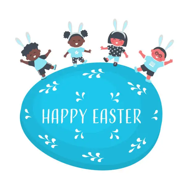 Vector illustration of Easter kids party. Cute children dance on Blue Easter egg