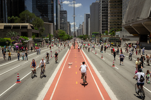Sao paulo, Brazil – January 17, 2016: A high angle shot of Avenida Paulista closed for bikers and pedestrians in Sao Paulo
