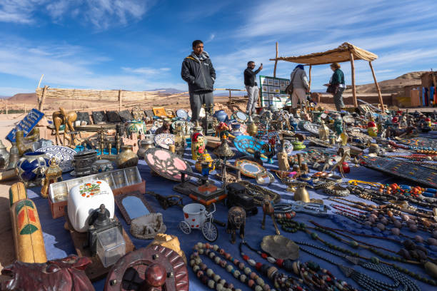 Atlas, Morocco - January 04, 2024: Roadside souvenir vendors in the Atlas Mountains