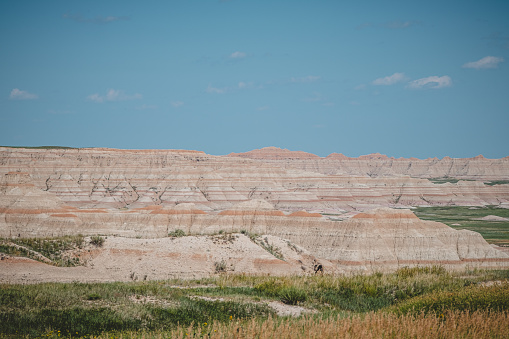 Multi-colored rock formations and valleys of Badlands National Park.