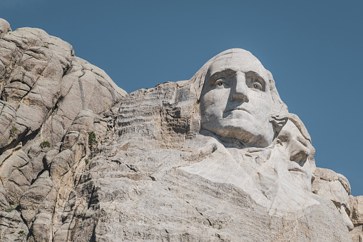Close-up view of George Washington carved into the mountainside at Mt. Rushmore.