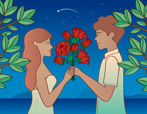 Romantic couple exchanging flowers. Valentine's Day. Romantic template. Beautiful sky with shooting star. Vector illustration.