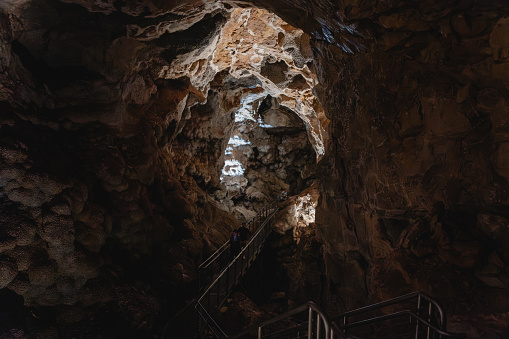A stairway through a large cavern in Jewel Cave National Monument.