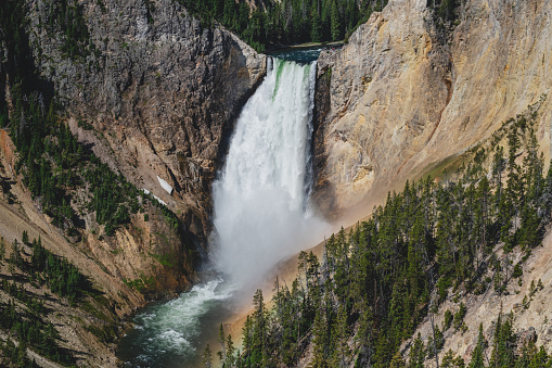 View of the Lower Falls of the Yellowstone River in Yellowstone National Park.