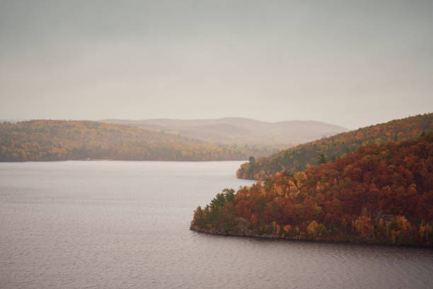 Kamaniskeg Lake in a foggy autumn morning