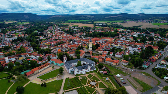 Aerial view of the old town of Ohrdruf in Germany. On a sunny day in spring