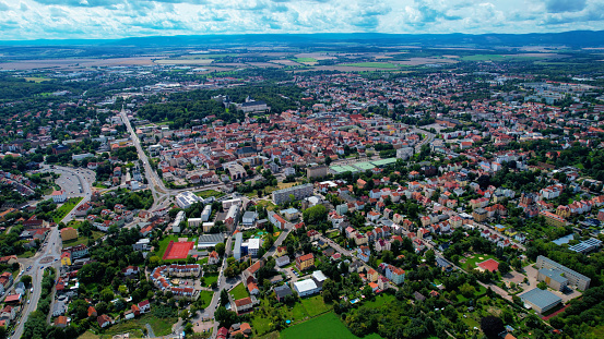 Aerial view of the city Wiesbaden in Germany on a cloudy summer day