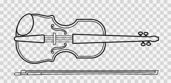 Music instrument violin with bow in line style. Vector illustration isolated on white background