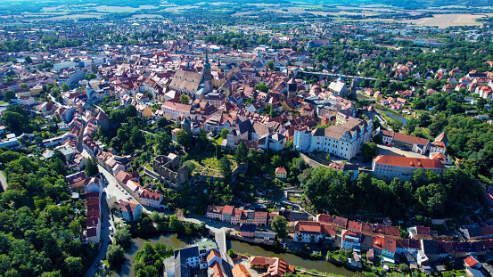 Aerial of the old town of Bautzen in Germany on a sunny day in springtime.