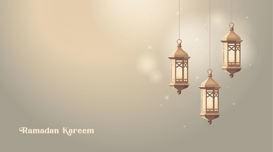 Hanging golden Moroccan lanterns. Arab lights with candles glowing at night. Vintage fanous. Blurred background, bokeh lights. Ramadan kareem, eid mubarak. Eastern holiday theme, vector illustration