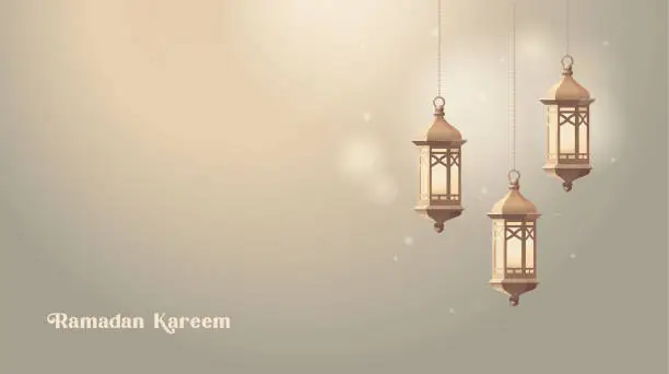 Vector illustration of Hanging golden Moroccan lanterns. Arab lights with candles glowing at night. Vintage fanous. Blurred background, bokeh lights. Ramadan kareem, eid mubarak. Eastern holiday theme. Vector illustration