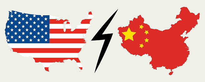 Map of United States of America and China on flag inside. US vs China.