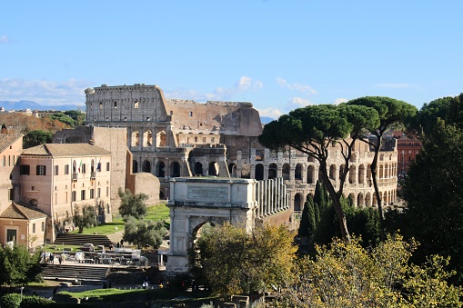 High point view of the Roman Colosseum and Forum.