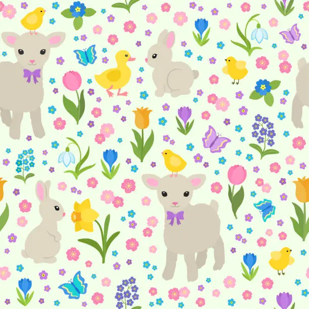 Vector illustration of Cute spring seamless pattern. Cottage core Easter vibe.