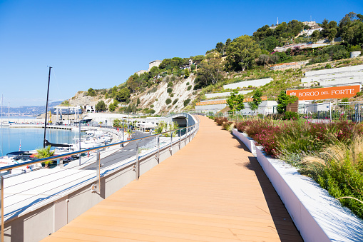 Ventimiglia, Italy - August 2022: the port of Cala del Forte, brand new, state-of-the-art marina property of Monte Carlo