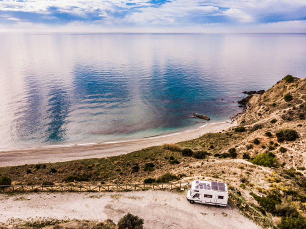 istock Rv camper on spanish coast. Aerial view 1960446159