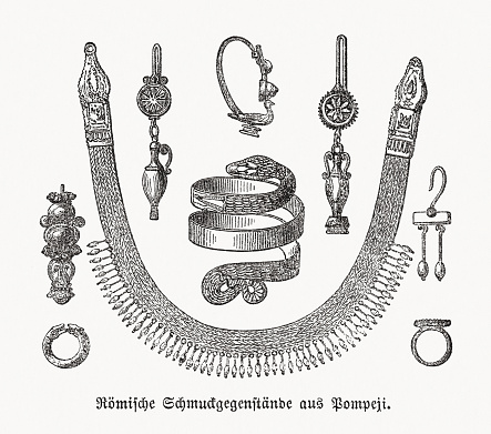 Roman jewelry from Pompeii. Wood engraving, published in 1869.