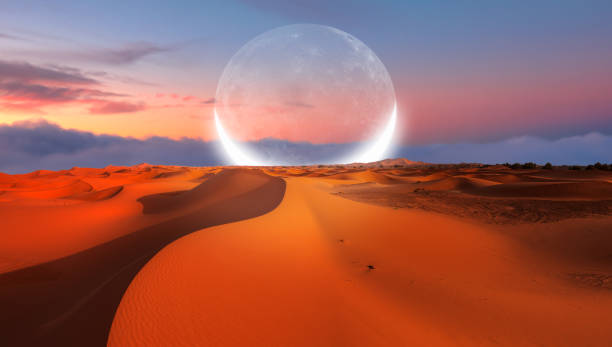 istock Dusk sky with crescent moon in the clouds on the foreground hot desert (sand dune) 