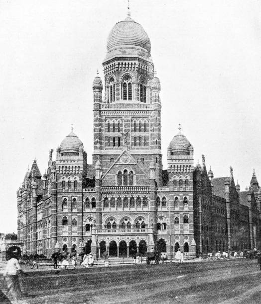 illustrazioni stock, clip art, cartoni animati e icone di tendenza di persone e punti d'interesse dell'india nel 1895: edificio municipale, bombay - luogo dinteresse immagine