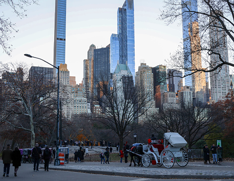 New York, NY. December 9, 2022.  People strolling in Central Park South with white carriage parked along  side of road.