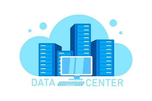 Vector illustration of a cloud data center in cartoon flat style.