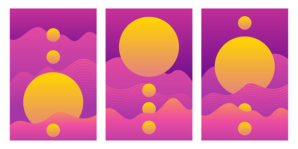 Vertical cards set for advertising flyers or social media posts. Wavy gradient shapes with circular copy space. Vector illustration