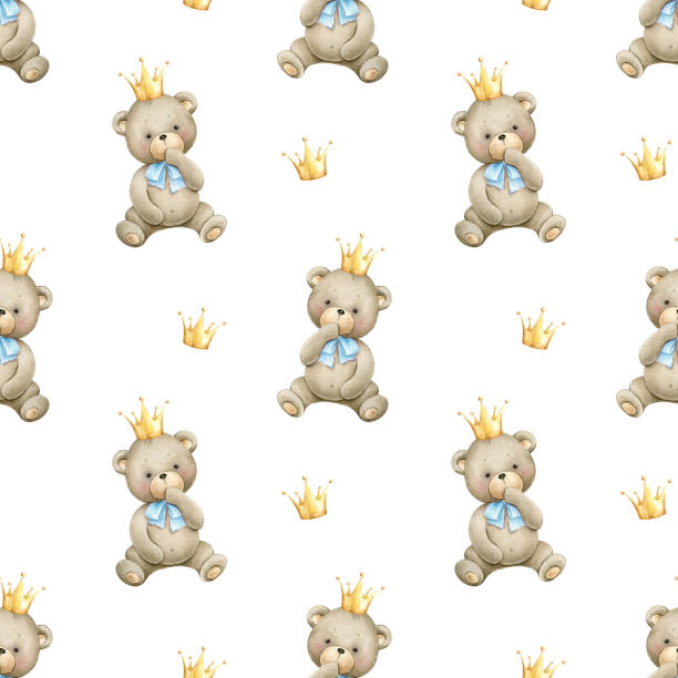 istock Seamless pattern with teddy bear. Watercolor hand painted seamless pattern for baby boys with teddy bear ,blue bow and crown. 1960482882