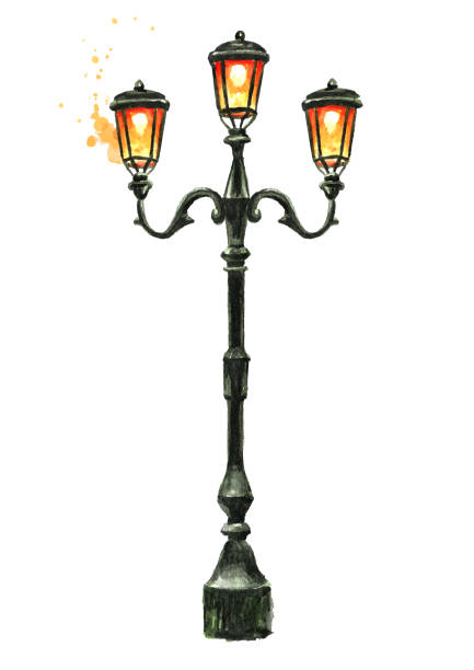 forged iron elegant street lamp. hand drawn watercolor illustration isolated on white background - silhouette street light vector illustration and painting stock illustrations