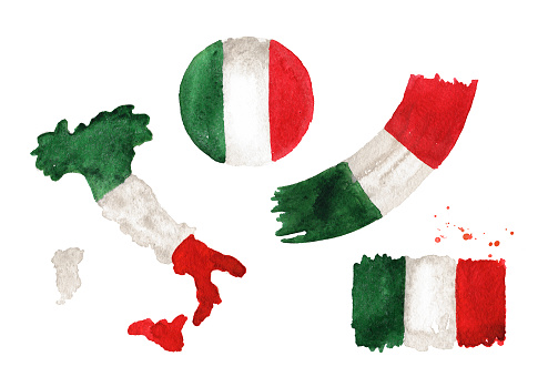 Italian flag set. Hand drawn watercolor illustration isolated on white background