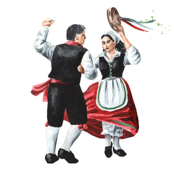 Vector illustration of Italian folk dances. A couple of dancers in national costumes. Hand drawn watercolor illustration isolated on white background