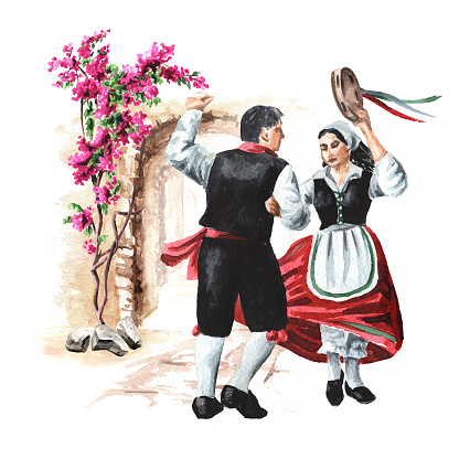 Italian folk dances. A couple of dancers in national costumes. Hand drawn watercolor illustration isolated on white background