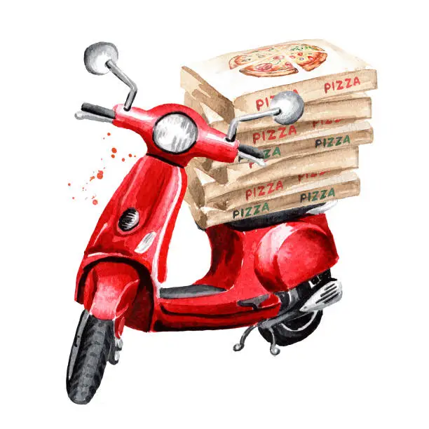 Vector illustration of red moped or scooter with pizza boxes. Food delivery concept. Hand drawn watercolor illustration isolated on white background