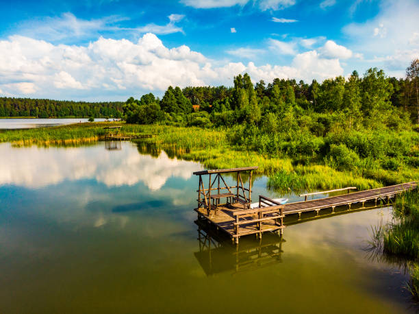 Green summer landscape in Europe. Wooden jetty on shore of Lake Kierwik in Masuria Poland. Blue sky retlected in water. Aerial view