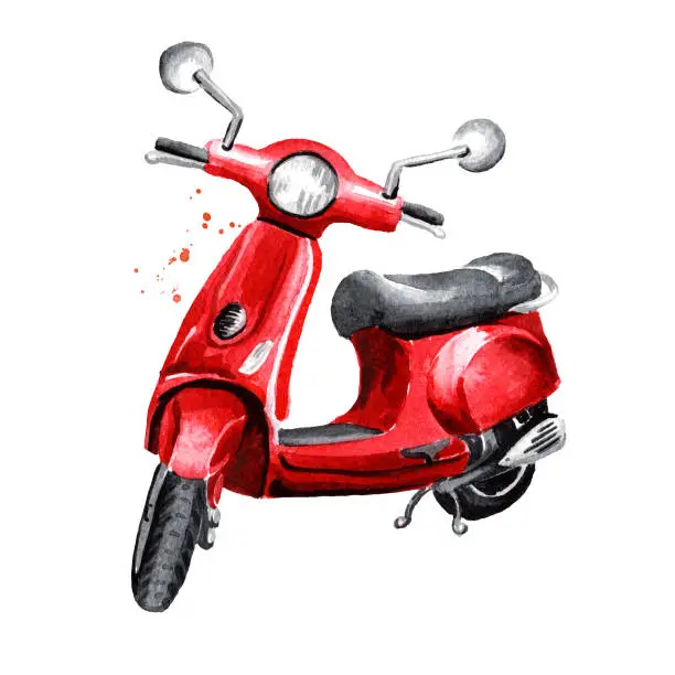 Vector illustration of Red parked motorbike, scooter, moped. Hand drawn watercolor illustration isolated on white background