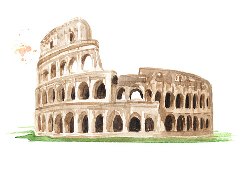 Roman Colosseum in Rome, Italian landmark. Hand drawn watercolor illustration isolated on white background