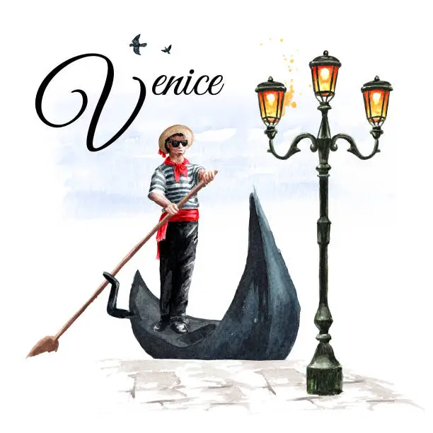 Vector illustration of Venetian gondolier in traditional clothes, in a gondola near the pier, and an old Forged iron street lamp, Italy, Venice. Hand drawn watercolor illustration isolated on white background