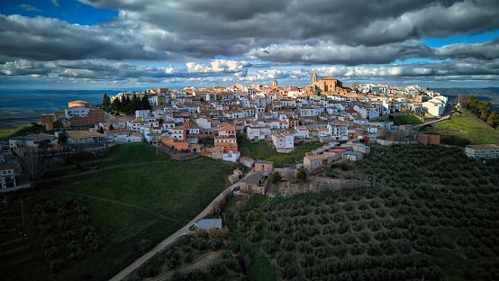 City of Iznatoraf. View over the city, landscape, fields, agriculture, olive cultivation in Andalusia. Sierra da Cazorla, Sierra de Segura. Spain.