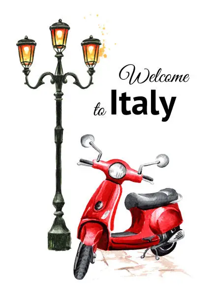 Vector illustration of Welcome to Italy card. Red moped or scooter on the background of the Forged iron elegant street lamp. Hand drawn watercolor illustration isolated on white background