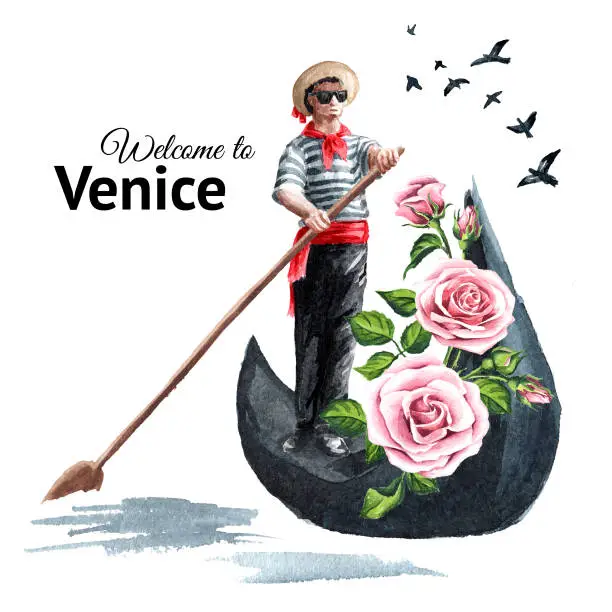 Vector illustration of Welome to Venice card. Venetian gondolier in traditional clothes, in a gondola with flowers. Hand drawn watercolor illustration isolated on white background