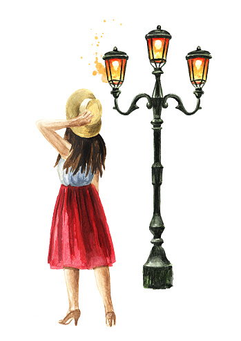 Young girl staing, waiting Forged iron elegant street lamp. Hand drawn watercolor illustration isolated on white background