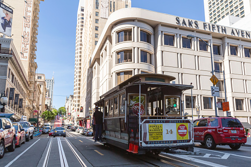 San Francisco, California, USA - 22 April, 2017- Cable car ascends popular hill of Powell Street in vibrant downtown area of Union Square in downtown San Francisco. Old tram on street of San Francisco