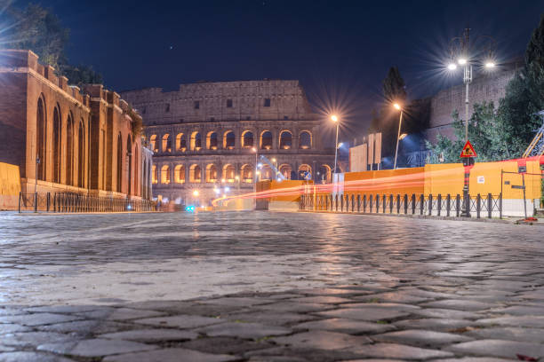 An evening view of the Roman Colosseum taken with long exposure