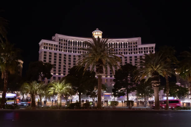 Las Vegas, Nevada, USA - April 8, 2023: Fountain performance at the famous Bellagio Hotel, located along the Las Vegas Strip.