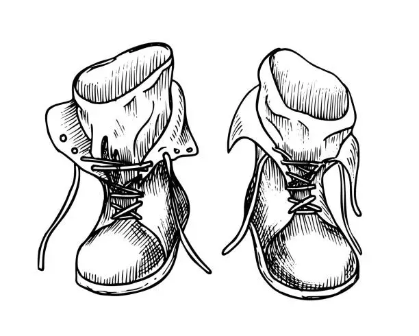 Vector illustration of Vintage Boots for hiking vector illustration. Hand drawn linear drawing of retro leather travel shoes for tourism and camping. Sketch of military footwear for journey and exploration. Monochrome art