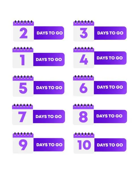 Vector illustration of Days to go calendars set. Flat, purple, days to go calendars from 1 to 10, calendar collections. Vector icons