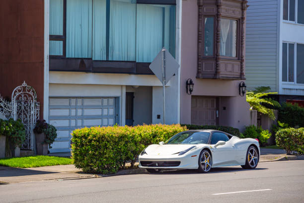 San Francisco, California, USA - 22 April, 2017- Residential buildings on Marina Boulevard, near the waterfront in San Francisco. Lifestyle in San Francisco. Luxury Ferrari car is parked near house.