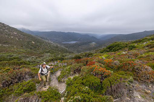 Embark on an adventure with a determined man traversing a long-distance trail. Against the backdrop of a dramatic stormy sky, his journey unfolds, encapsulating resilience and exploration in the face of nature's challenges.