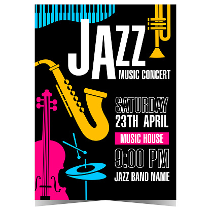 Jazz music concert invitation template with saxophone and other musical instruments on a black background. Vector banner, poster, leaflet or flyer for live event, cultural show or music festival.