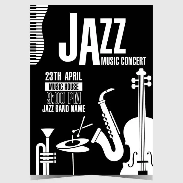 Vector illustration of Jazz music concert poster or banner with musical instruments.