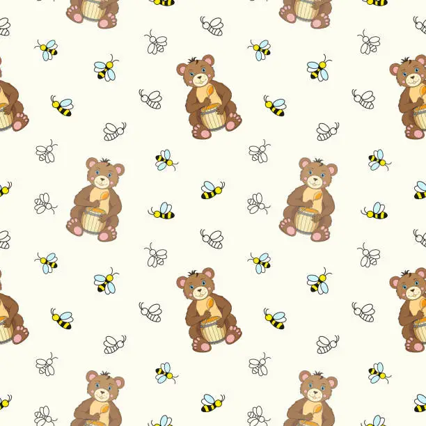 Vector illustration of Seamless pattern of a cute brown bear with a barrel of honey and little bees.